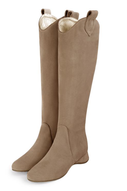 Biscuit beige women's cowboy boots. Round toe. Flat wedge heels. Made to measure. Front view - Florence KOOIJMAN